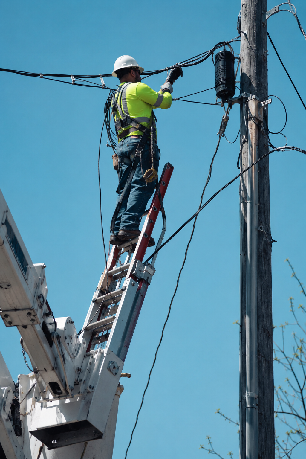 Installer working on aerial fiber cable