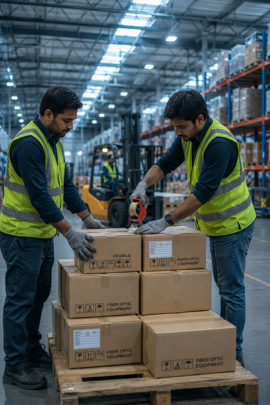 Warehouse team preparing equipment shipments