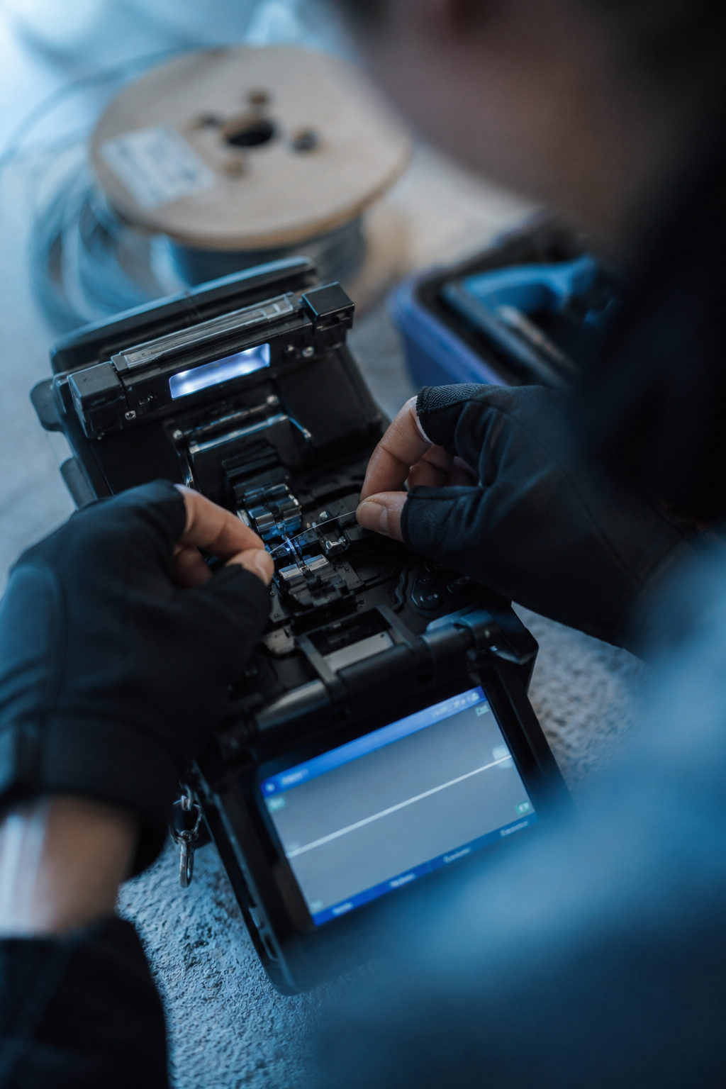 Field technician splicing fiber on site
